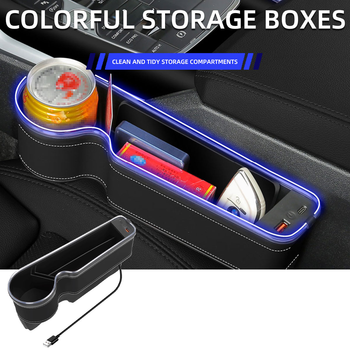 Seat Gap Filler Organizer With Usb Charger - Autostoel kierenopvuller met bekerhouder, USB-lader, RGB-veranderende