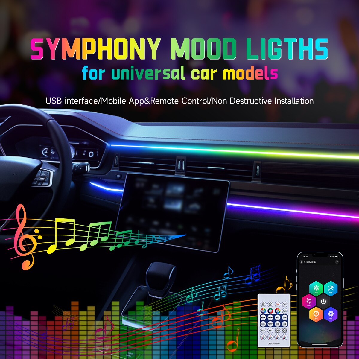 Led Ambient Interior Car Lights App Control - Auto LED Omgevingslicht USB 64 Kleuren